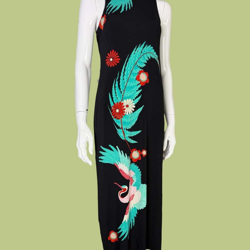 Vintage Eva Varro Slinky Floral Crane Japanese Inspired Maxi Dress - Picture 3 of 3
